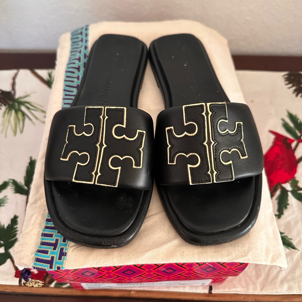 Tory Burch Black Sandals with Gold Accents